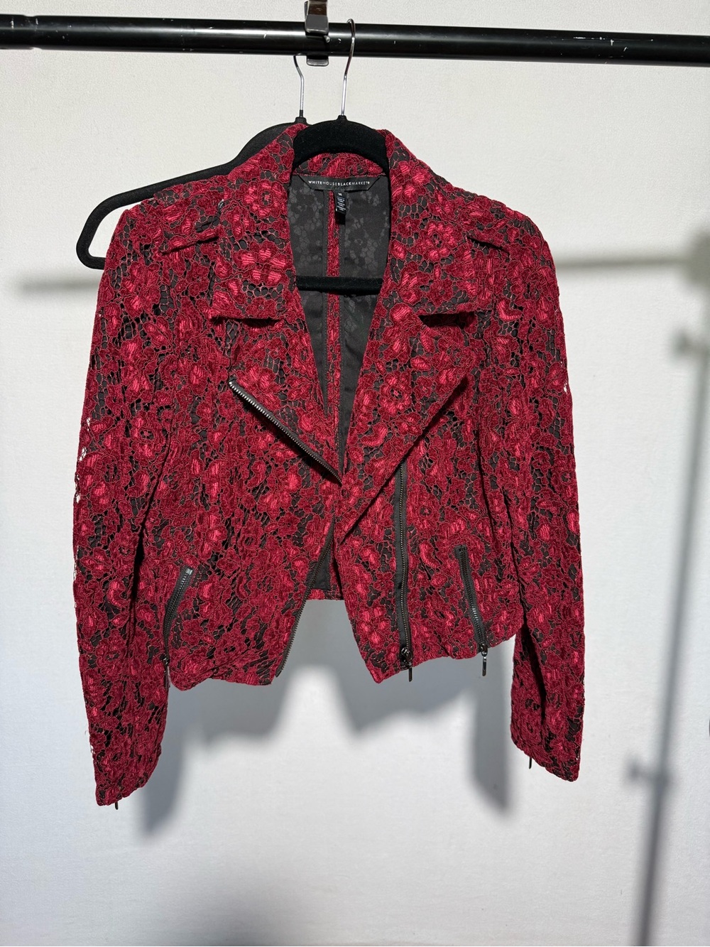 White House Black Market Red Floral Lace Moto Blazer